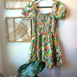 Cottagecore | Feminine, Colorful Bold Floral Dress with Puff Sleeves | Size XL